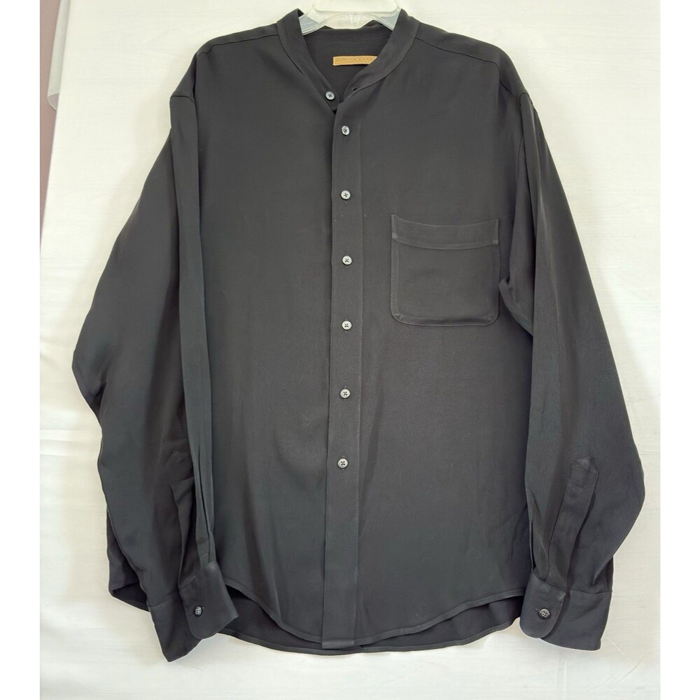 Donna Karan New York Black Button Down band collar Vintage Large